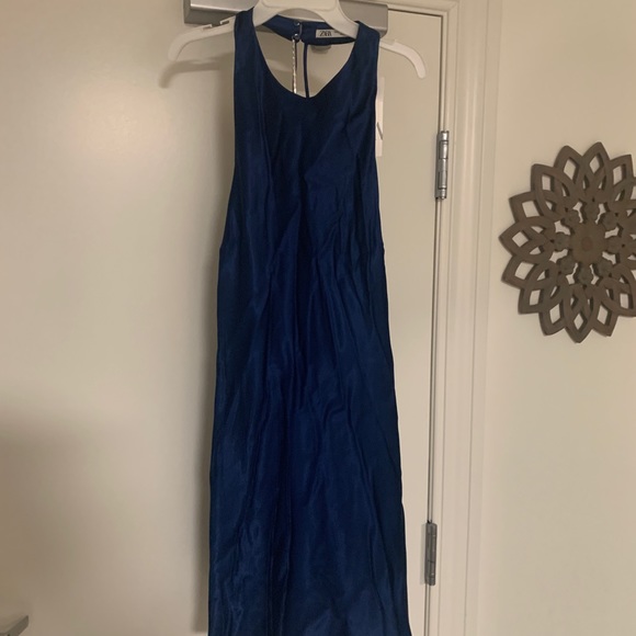 Navy Blue Satin Zara Dress - backless, high neck - Picture 3 of 5